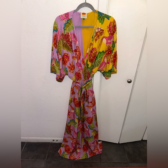 Farm Rio Tropical Mixed Beaks & Bananas Maxi Wrap Dress Size XL Multicolored - Picture 3 of 16